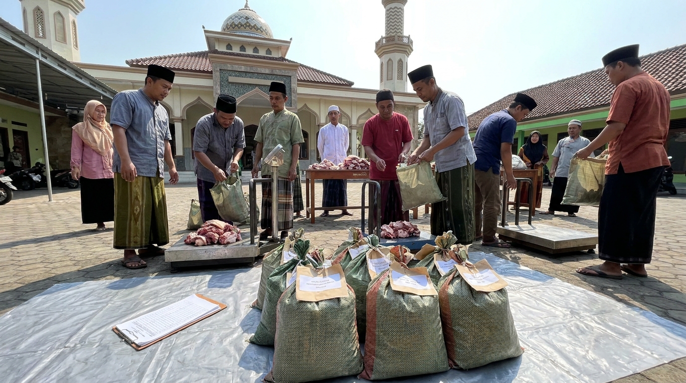 Panitia takmir masjid mengemas dan bersiap mendistribusikan paket daging kurban Idul Adha kepada warga masyarakat yang berhak menerima.