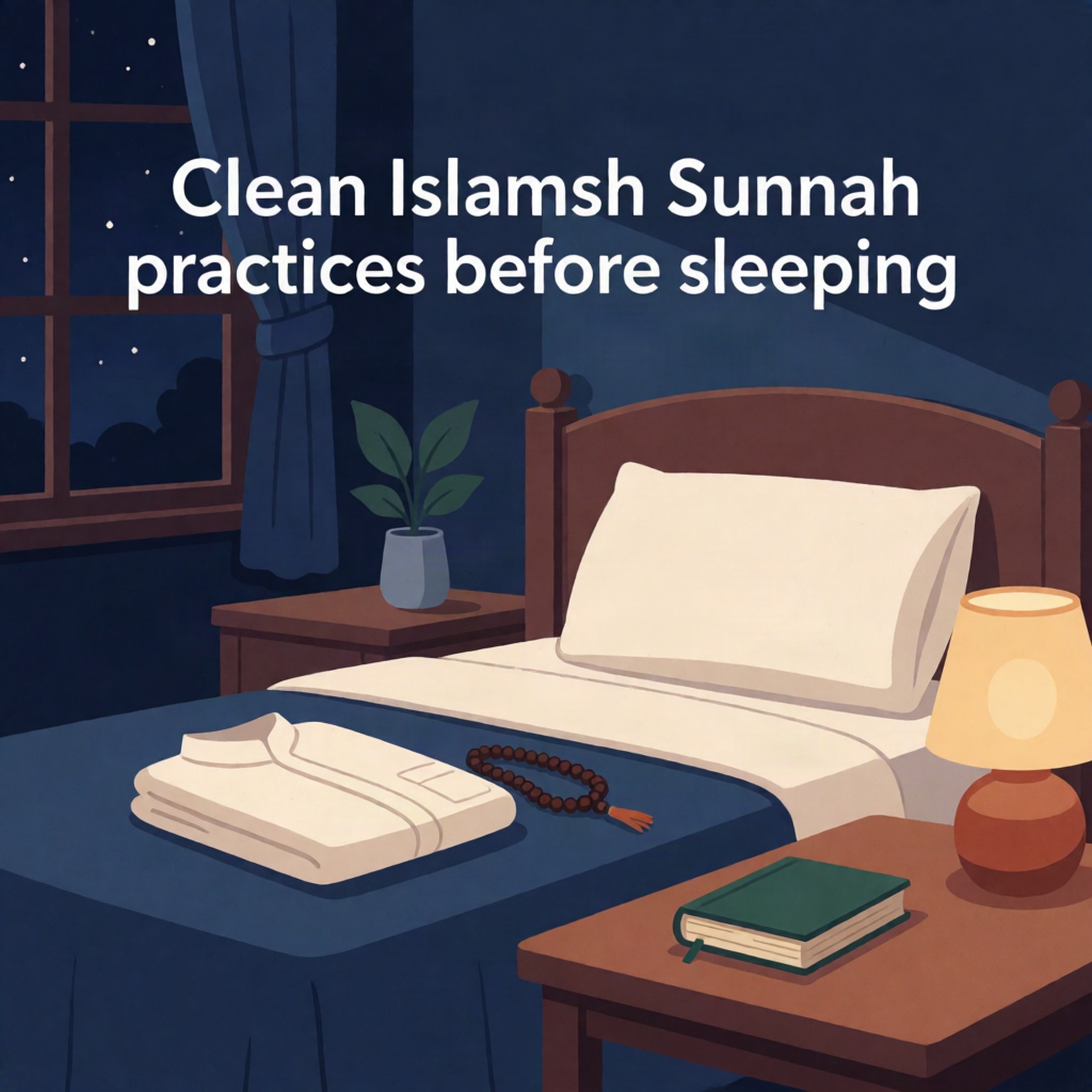 Ilustrasi AI adab dan zikir sebelum tidur dalam suasana kamar yang tenang